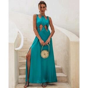 NWT $1000 Cult Gaia SABINE Dress Maxi Cut Out High Neck Azure Teal/Blue Sz XS